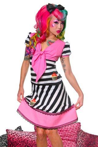 Fellony Cupcake Sailor Top by Paper Doll- Black & White Stripe w/ Pink Collar - SALE sz XL only