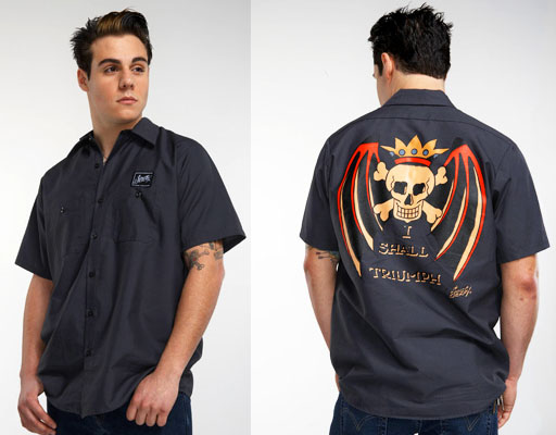 I Shall Triumph (Skull & Wings) on a Charcoal Guys Short Sleeve Work Shirt by Sailor Jerry - SALE sz Sm only