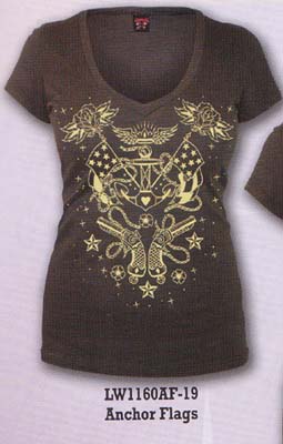 Anchor Flags on a black Deep V Neck girls shirt by Lucky 13