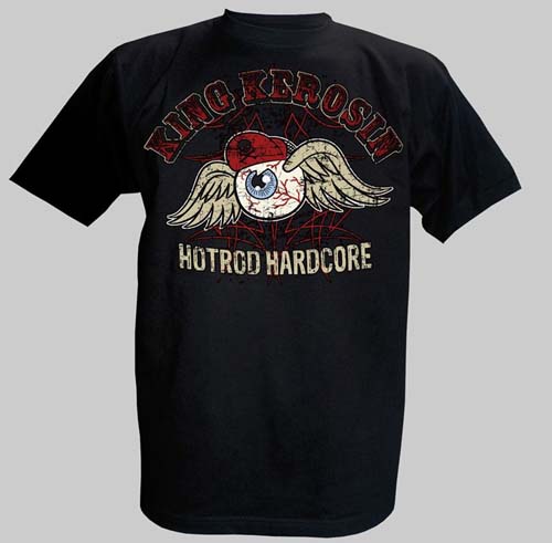 King Kerosin-Hotrod Hardcore on a black shirt by Timeless Clothing