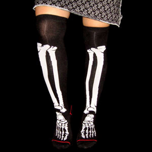 Bones Over The Knee Girls Socks by Sourpuss- Black With White