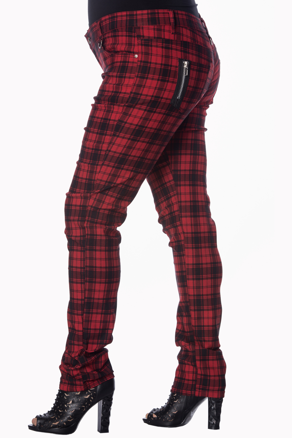 Plus Size Red Checked Skinny Jeans by Banned Apparel