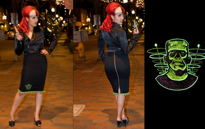 Monster Face With Electrodes Pencil Skirt with Green Poms by Zombie Kitten - SALE