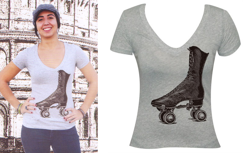 Victorian Roller Skate on a Heather Grey girls fitted V neck shirt by Annex Clothing
