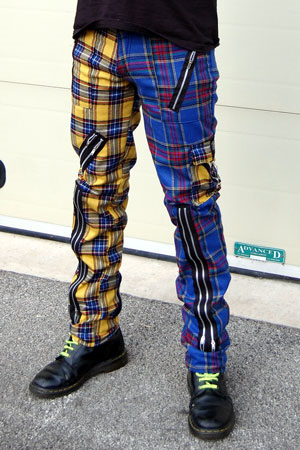 green and blue tartan trousers