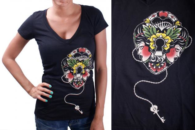Heart Lock on a Black Deep V Neck girls shirt by Lucky 13 - SALE sz L only