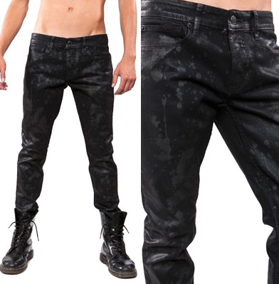 Junkie Wax Coated Bleach Splash Stretch Jeans in TAR by Lip Service