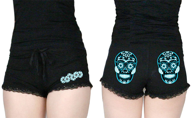 Blue Sugar Skull Lace Hot Shorts by Too Fast Clothing - SALE sz L & XL only
