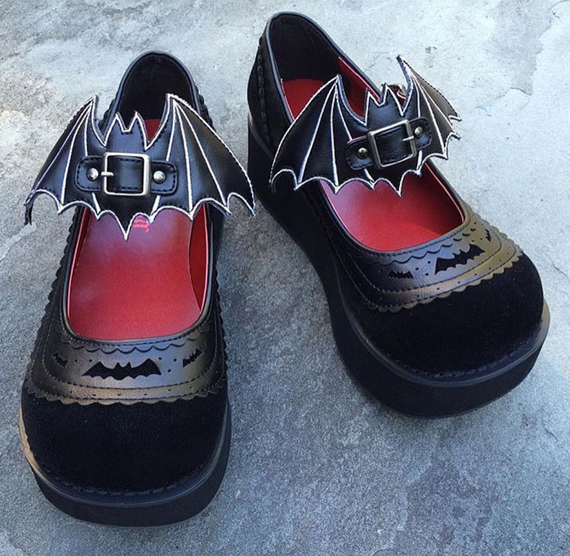 Sprite Velvet & Vegan Leather Brogue Platform Mary Jane with Bat Buckle Detail by Demonia Footwear - SALE