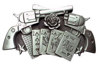 Crossed Revolvers With Cards, Stars, And Rose belt buckle (bb135)