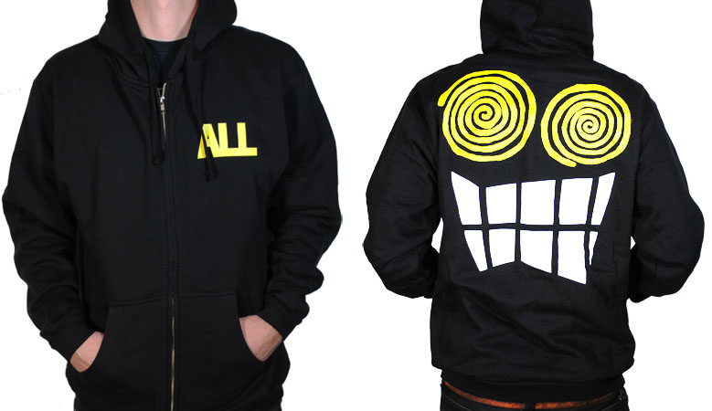 ALL- Logo on front, Alroy on back on a black zip up hooded sweatshirt