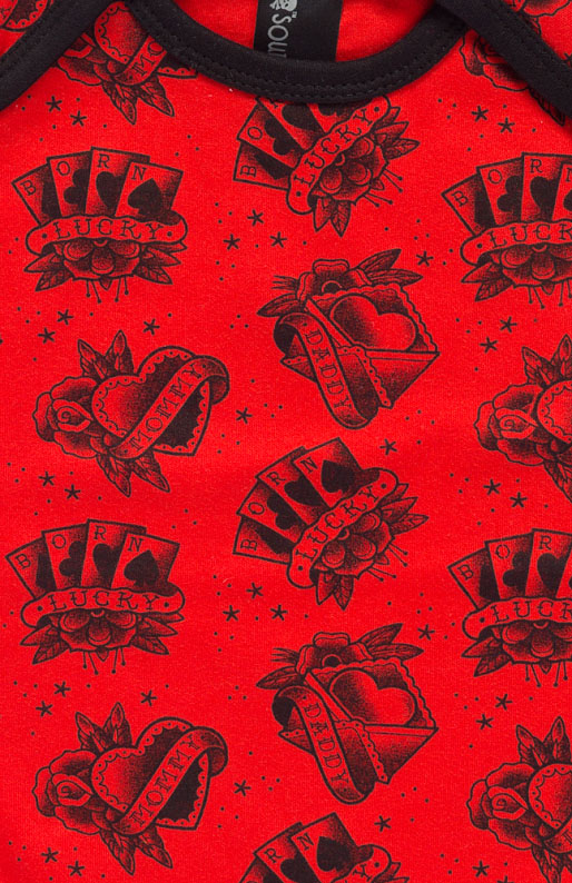 Lucky Tattoo Repeat Print onesie in red by Sourpuss (S03m, M36m, L