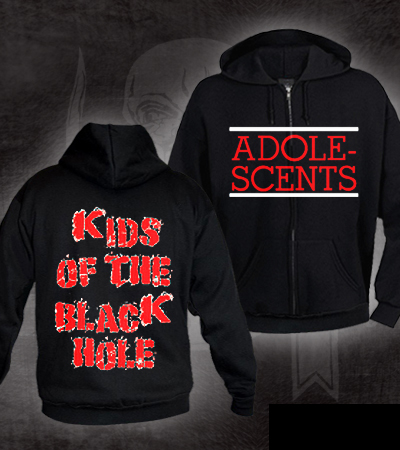 Adolescents- Logo on front, Kids Of The Black Hole on back on a black zip up hooded sweatshirt
