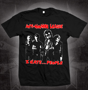 Anti Nowhere League- I Hate People on a black shirt