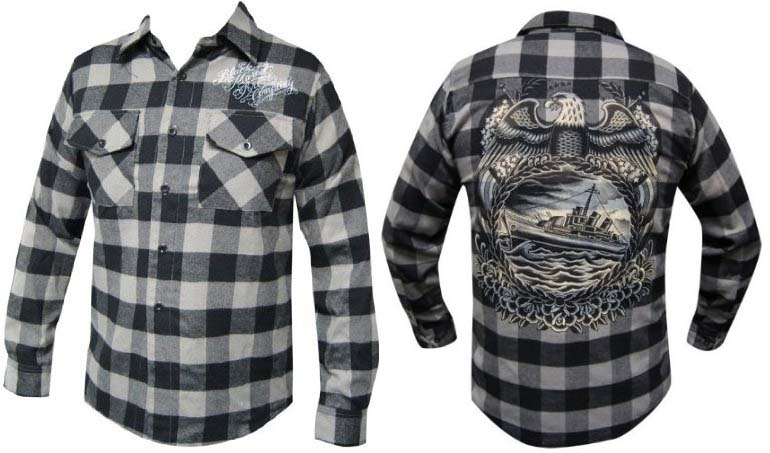 Battleship guys button up flannel black/grey plaid shirt by Black Market Art Company - artwork by Britton McFetridge