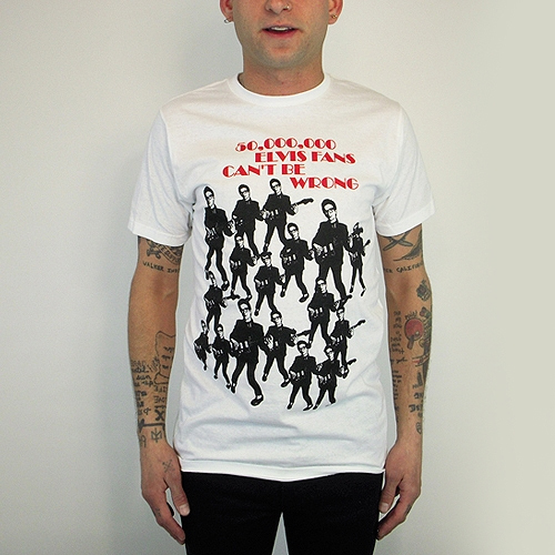 Elvis Costello- 50,000,000 Elvis Fans Can't Be Wrong on a white slim fit shirt