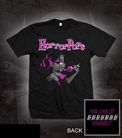 Horrorpops- Devil Girl on front, Quote on back on a black shirt