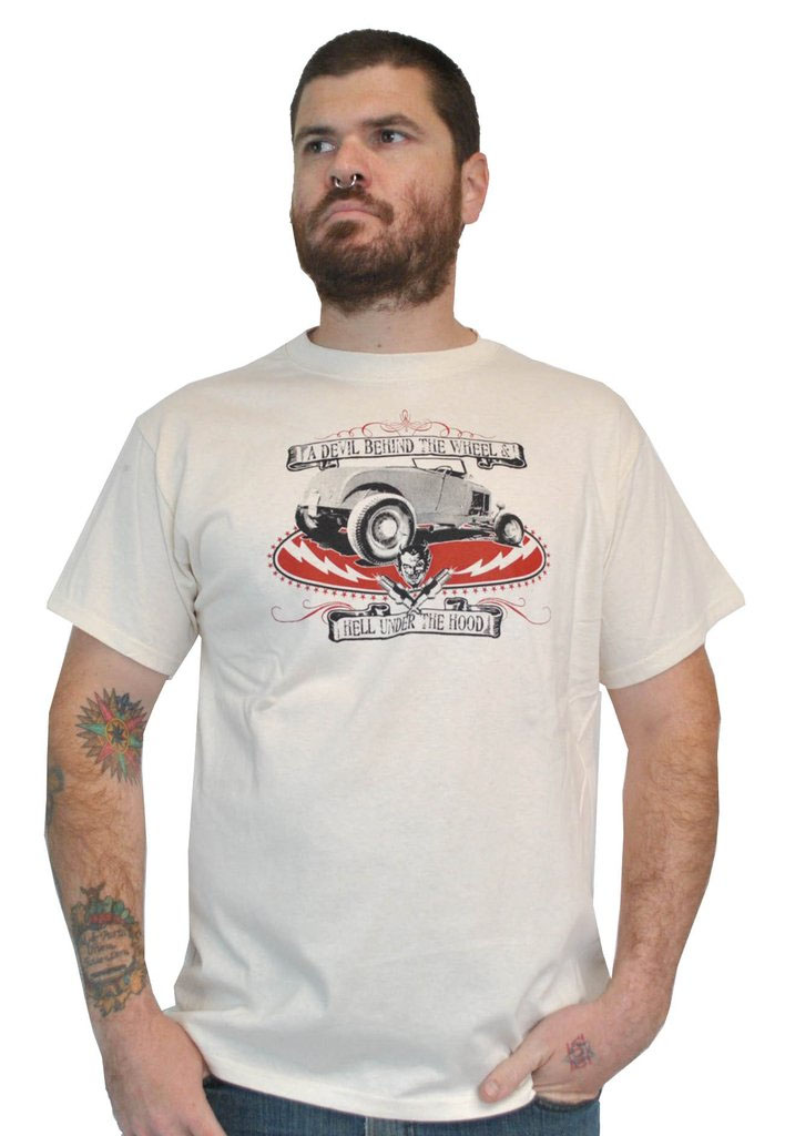 Lucky Mule Brand- A Devil Behind The Wheel, Hell Under The Hood on a natural colored shirt