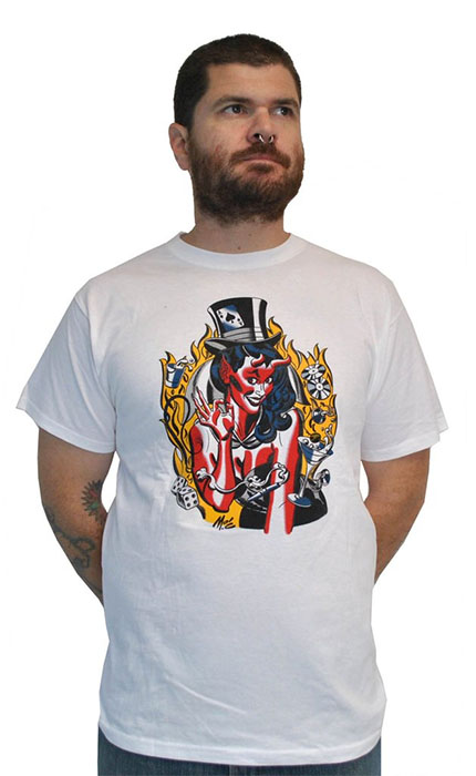 Lucky Mule Brand- Devil Girl With Tophat on a white shirt
