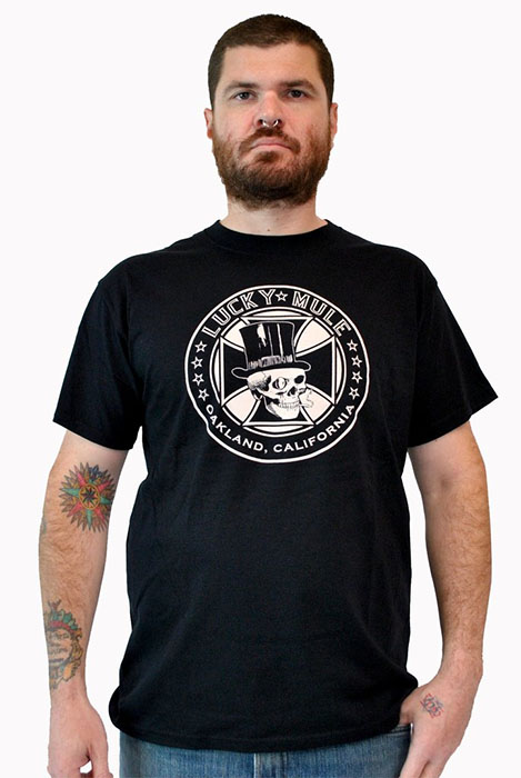 Lucky Mule Brand- Lucky Cad (Tophat & Iron Cross) on a black shirt