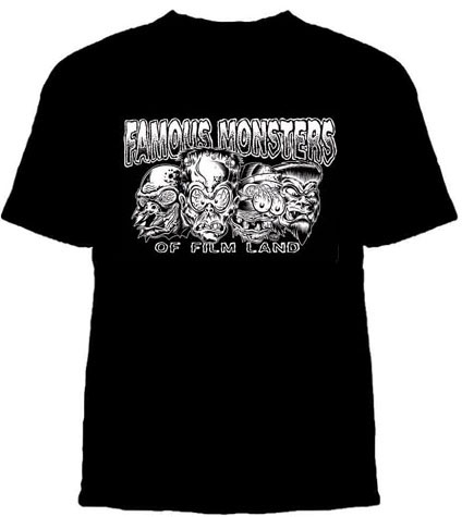Lucky Mule Brand- Famous Monsters Of Film Land on a black shirt