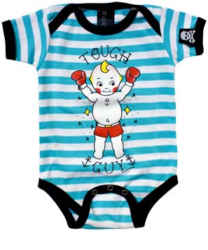Tough Guy on a blue/white striped onesie by Sourpuss (S:0-3m, M:3-6m, L:6-12m, XL:12-18m)