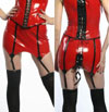 Show product details for Vegas Strip Tease Girdle Vinyl Skirt in RED WITH BLACK PINSTRIPES by Lip Service - SALE