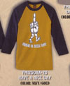 Show product details for Have A Nice Day on a gold shirt with navy 3/4 length sleeves by Felon Clothing (Sale price!)