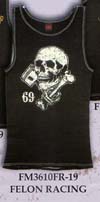 Show product details for Felon Racing (Skull & Pistons) on a black ribbed tank shirt by Felon Clothing - SALE