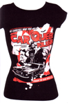 Show product details for Car Queen Killers on a black girls fitted shirt by Hell Bunny