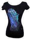 Show product details for Belong Dead (Monster Praying Hands) on a black scoop neck girls fitted shirt by Low Brow Art Company