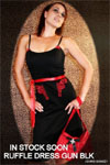 Show product details for Guns Ruffle Dress In Black by Paper Doll w/ red guns