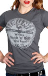 Sun Records- Distressed Sun Logo on a Dark Grey Girls Fitted Shirt by Steady Clothing