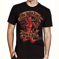 What Happens In Hell Devil Girl Image on a black shirt by Felon Clothing