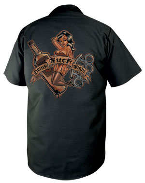 Drink Fight Fuck on a black short sleeve work shirt by Felon Clothing 