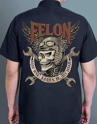 Knees in the Breeze on a black short sleeve work shirt by Felon Clothing 