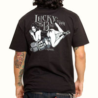 Ember pinup on a spark plug design on a black shirt by Lucky 13 Clothing