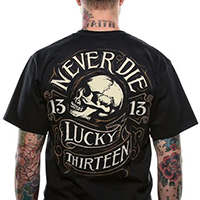 Never Die Skull on a black shirt by Lucky 13 Clothing - SALE