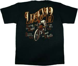 Lucky 13- Logo on front, Racing The Devil on back on a black shirt by Lucky 13 Clothing - SALE sz S & 2 X only
