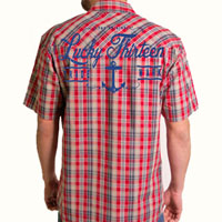 Dark Water Red/Taupe/Black Plaid Western short sleeve button up shirt by Lucky 13