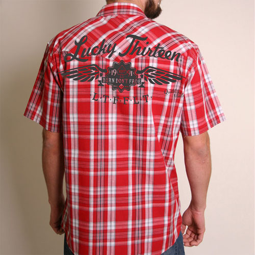 Iron Shield Red/White Plaid Western short sleeve button up shirt by Lucky 13