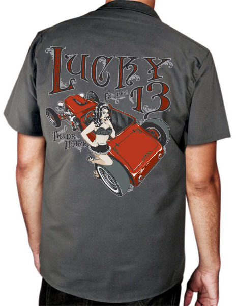 Li'l Kitten (Lingere Girl & Red Hot Rod) Short Sleeve Workshirt by Lucky 13 - SALE