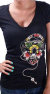 Heart Lock on a Black Deep V Neck girls shirt by Lucky 13 - SALE sz L only