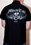 Flyin' Pistons on a black short sleeve work shirt by Motorcult