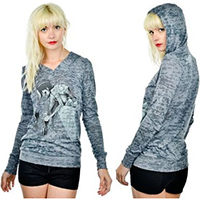 Muse on a charcoal girls fitted long sleeve burnout hooded shirt by Low Brow Art Company