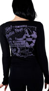 Bettie Page- Signature on front, Action on back on a Black Cardigan by Sourpuss - SALE sz M & XL only