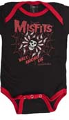 Misfits- Walk Among Us on a Black/Red one piece snap bottom baby shirt (S=0-3 mo, M=3-6 mo, L=6-12 mo, XL=12-18 mo)