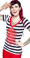 Drifter on a Black & White Striped Girls Deep V-Neck Vertigo shirt by Sourpuss 