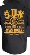 Sun Records- Logo on front -Rock N Roll on back of a black short sleeve work shirt by Steady Clothing