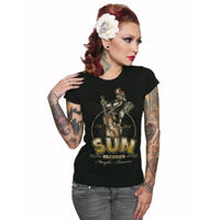 Sun Records- Rooster & Stand Up Bass on a black girls fitted shirt by Steady Clothing
